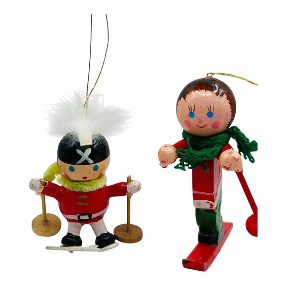 Unbranded Other - Pair VTG Skier Wood Christmas Ornaments Toy Soldier Skii Snow Cabin Set READ